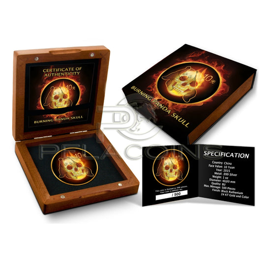 China 2015 10 Yuan Burning Panda Skull 1oz Black Ruthenium - Color, Gold Plated