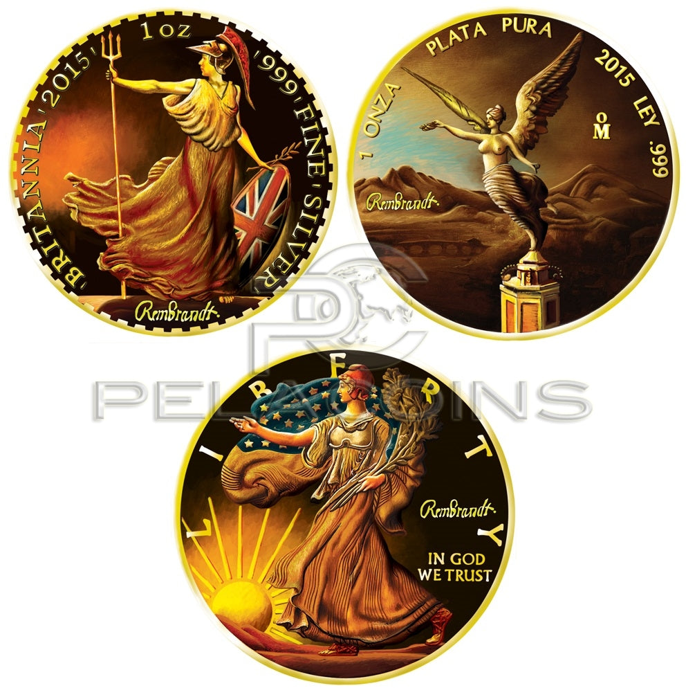 USA, Mexico, United Kingdom 2015 Ounce of Art Rembrandt 3-coin Set Silver Gold Plated Gilded Colored