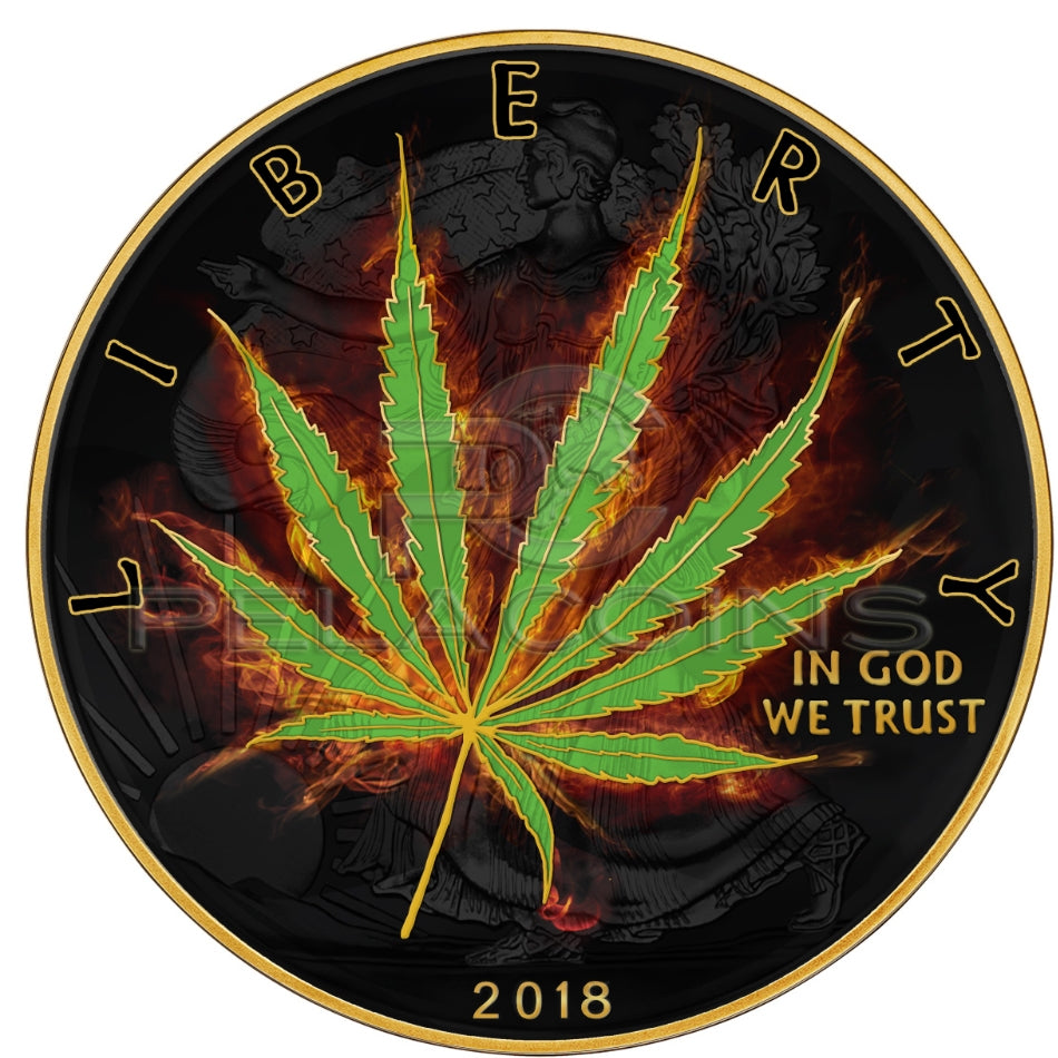 USA 2018 1$ Liberty Eagle - Burning Marijuana Sativa Black Ruthenium and 24kt Gold Plated