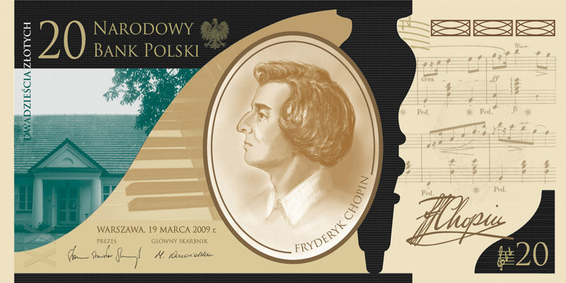 20 zł, Banknot kolekcjonerski - 200. rocznica urodzin Fryderyka Chopina (1810-1849), 2010