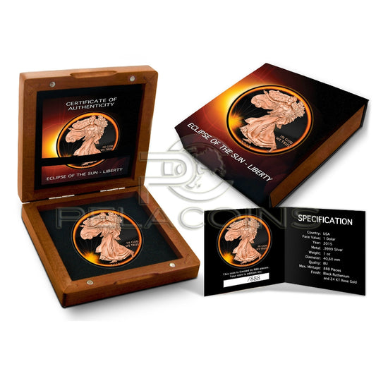 USA 2015 1 Dollar American Eagle Liberty - Eclipse of the Sun 1oz Black Ruthenium - Rose Gold Plated