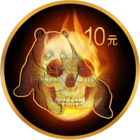 China 2015 10 Yuan Burning Panda Skull 1oz Black Ruthenium - Color, Gold Plated